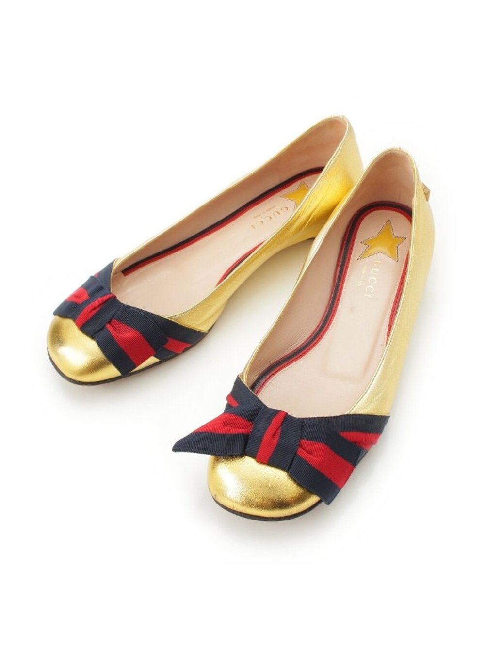 Gucci Sherry Line Ribbon Design Star Motif Round Toe Pumps Flat Shoes Gold